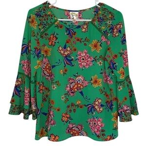 Fig & Flower Bright Floral Blouse Kelly Green Bell Sleeve Women's Size PM Petite